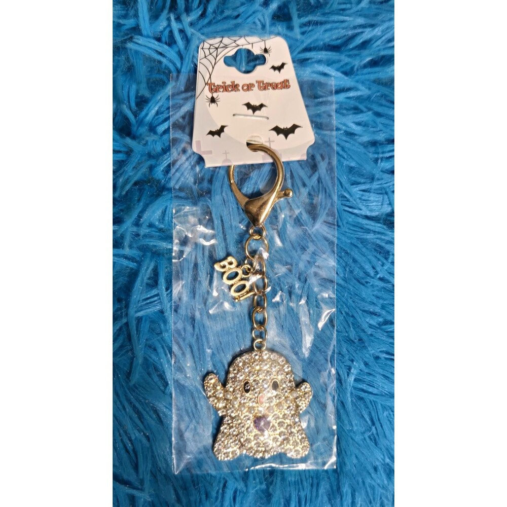 Halloween Ghost Key Chain Gold Tone Rhinestone Detachable Cute Bling Purse Charm